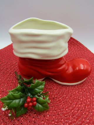 Vintage Ceramic Santa Boot Vase - Planter Red And White 4 1/2 " X 6 "