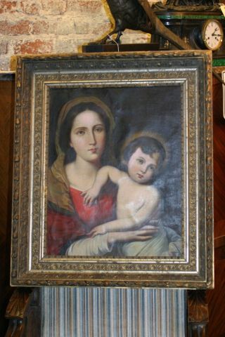 Antique Oil Painting,  Madonna And Child,  Gilded Frame,  Circa 1800