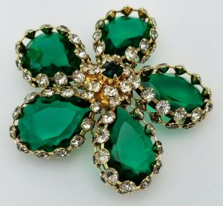 Vintage Stunning Emerald Green And Clear Glass Rhinestone Flower Brooch