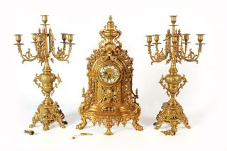 Large Antique Imperial Gilt Bronze Garniture Set & Candelabras.  Clock By Hermle