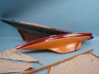 2 Antique Vtg Wood Wooden Sailboat Pond Yacht Model Painted Boat Sail 37 " 27 "