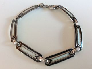 Antique Art Deco Black & White Sterling Silver Enamel Guilloche Link Bracelet