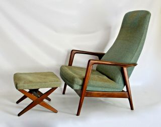 Dux Ohlsson Vtg Mid Century Danish Modern Walnut Wood Lounge Chair Ottoman Juhl