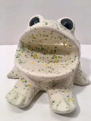 Vintage Ceramic White Green Yellow Frog Sponge Toothbrush Holder Soap Dish 1970s