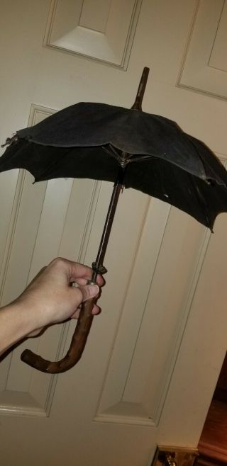 Antique Doll Umbrella Or Parasol Black With Wood Bamboo Style Handle 17 " Long