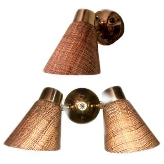 Vintage Mid Century Modern Fiberglass Burlap Brass Wall Light Lamp Sconce Set