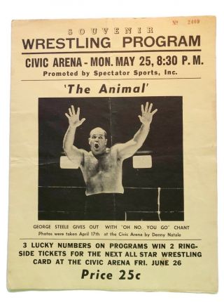 Vintage 1970 Wwwf Wrestling Program Pittsburgh Civic Arena George Steele Bruno