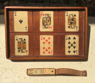 Unusual Antique Hand Crafted Wooden Game Board W Playing Cards And Bone Dice