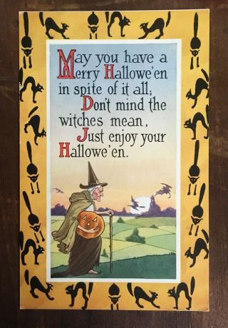 Vintage Gibson Halloween Postcard: Witches,  Jack - O - Lantern,  Black Cats 1