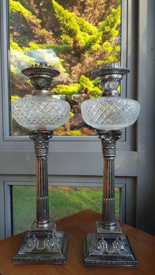 Pair Victorian Heavy Cut Glass Oil Lamps Silver Plated Corinthian Columns Burner