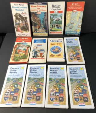 12 Vintage Esso Enco/humble Oil Co Exxon Road Maps Of Us And Mexico Pre Owned