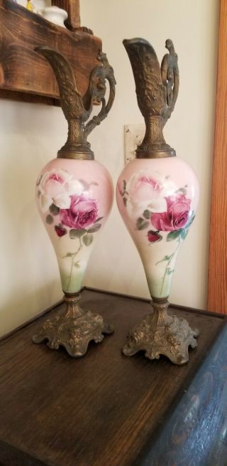 Victorian Ewer Hand Painted Green Pink Roses Floral Brass Pitcher Matching Pair