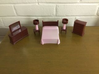 Vintage Mid Century Modern Plastic Pink & Brown Dollhouse Bedroom Furniture Set