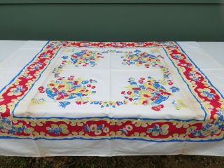 Vintage Mid Century Printed Tablecloth Brightly Colored Flowers 44 " X 44 "