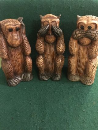 Vintage Carved Wood Monkey Trio See No Evil,  Hear No Evil,  Speak No Evil 8 " Tall