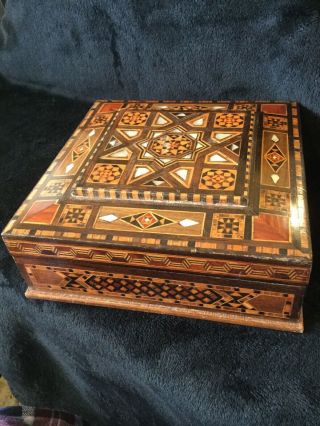 Vintage Wooden Inlay Box Inlaid Wood Mother Of Pearl Shell Hinged Mosaic