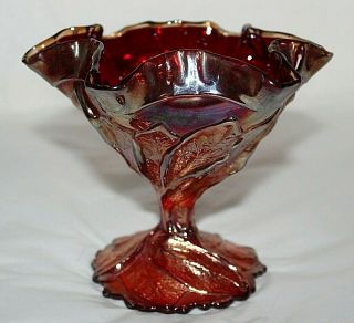 Vintage Imperial Sunset Ruby Red Carnival Glass Compote Acanthus Leaf Ruffle Rim