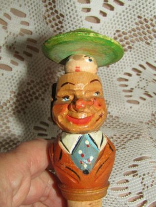 Anri Hand Carved Wood Moving Head In Head W/hat Bottle Cork Stopper Vintage