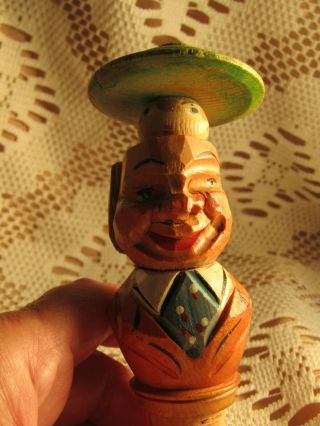 Anri Hand Carved Wood Moving Head in Head w/Hat Bottle Cork Stopper Vintage 2