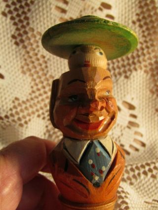 Anri Hand Carved Wood Moving Head in Head w/Hat Bottle Cork Stopper Vintage 3
