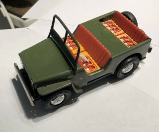 Vintage Tin Jeep Collectible,  Green/ Plaid Int,  Friction Engine,  Revs Up & Rolls