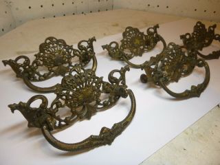 Set Of 5 Antique Brass Drawer Pulls/handles Ornate Victorian Vtg