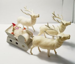 Vintage Santa In Sled With 3 Celluloid Reindeers Made In Japan