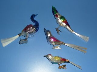 4 Vtg/antique Mercury Glass Bird Clip - On Christmas Ornaments Western Germany