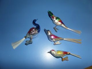 4 Vtg/Antique Mercury Glass Bird Clip - On Christmas Ornaments Western Germany 2