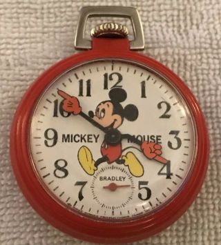 Vintage 1970 Mickey Mouse “bradley” Red Windup Pocket Watch