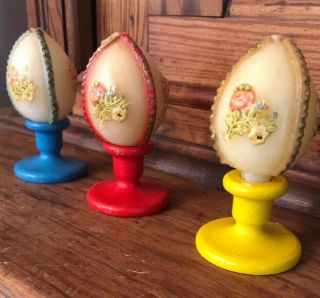 Three Vintage Gorgeous Wax Easter Eggs Candles Roses Stands