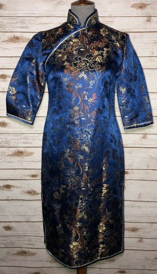 Vintage Chinese Blue Gold Brocade Floral Cheongsam Qipao Deco Metallic Floral