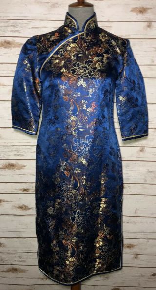 Vintage Chinese Blue Gold Brocade Floral Cheongsam Qipao Deco Metallic Floral 2