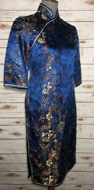 Vintage Chinese Blue Gold Brocade Floral Cheongsam Qipao Deco Metallic Floral 3