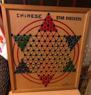 Milton Bradley Vtg Chinese Star Checkers 4180 Wooden Game Lg Board 19” X 16.  5”