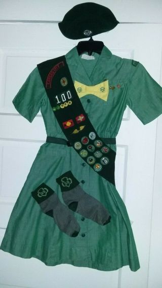 Vtg 1960/70s Girl Scout Uniform - Dress/tie/belt/beret/sash/socks - Great Costume