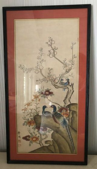 Large Vintage Antique Asian Japanese? Chinese? Birds Woodblock Print Signed