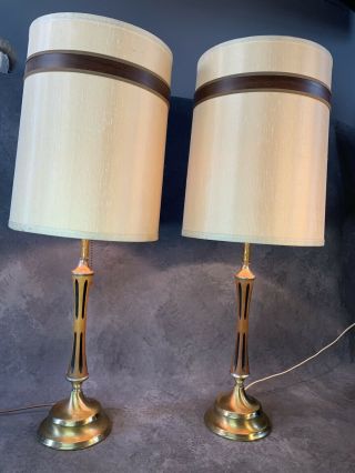 Mid Century Modern Wood Table Lamp Pair W/ Stripe Shade Vintage Mcm Light Danish
