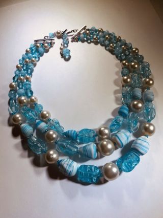 Vintage 1950s - 60s Era Art Glass Triple Bead Strand Necklace Blue Swirl Japan