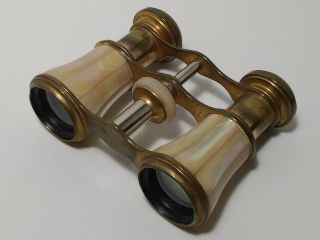 Vintage Italian Brass &mother Of Pearl Opera Glasses Binoculars W/ Leather Case