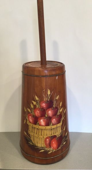 Vintage Primitive Hand Painted Folk Art Wooden Butter Churn Apples Signed