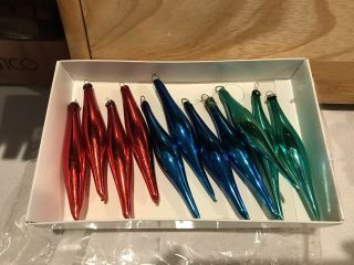 11 Vintage Mid Century Teardrop Icicle Mercury Glass Ornaments Red Green Blue
