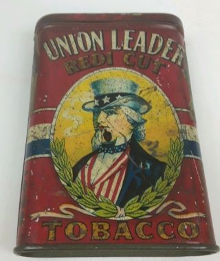 Union Leader Tobacco Tin Redi Cut Upright Vertical Pocket Can Uncle Sam Vintage
