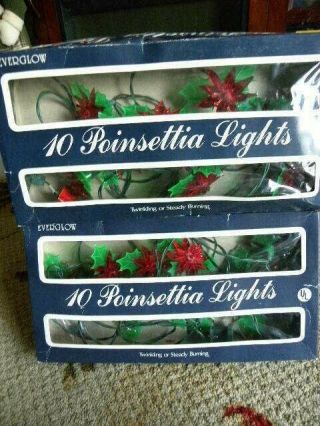 2 Vintage Boxes Of String Of 10 Hard Plastic Poinsettia & Holly Leaf Lights