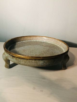 Fantastic Early Chinese Crackle Glazed Porcelain Censer With Copper Rim