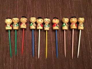 10 Vintage Kokeshi Doll Toothpicks Cute Japanese Wooden Dolls Made In Japan