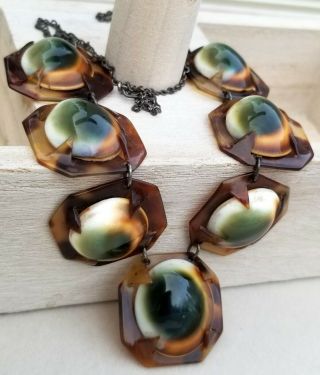 Antique Victorian Tortoise Shell Operculum Cats Eye Necklace 10k Gold Chain