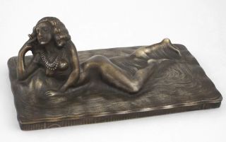 C.  1920 Art Nouveau / Deco Reclined Nude Woman Figurine Bronze Tone Paperweight