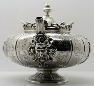 French 950 Sterling Silver Teapot.  Huge Bearded Mask Face.  Etched Grapes.  C1880