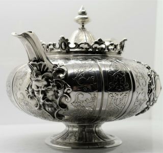 French 950 sterling silver TEAPOT.  HUGE BEARDED MASK FACE.  Etched GRAPES.  c1880 2